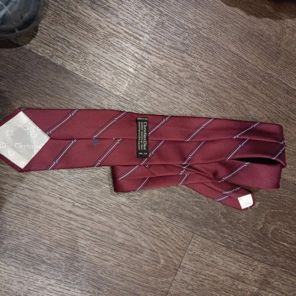 Vintage Christian Dior Designer Burgundy Brown Blue Stripe Silk Blend Tie Dad Me